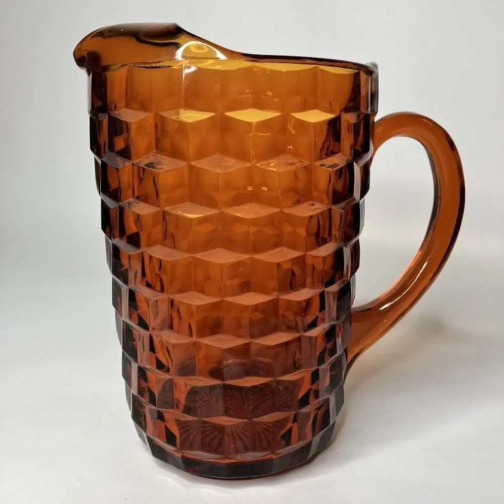 Vtg Indiana Glass Amber Cubist Pitcher 8 1/2